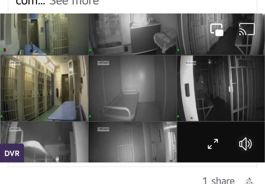close-up of DVR screen showing split shots of rooms on night vision camera